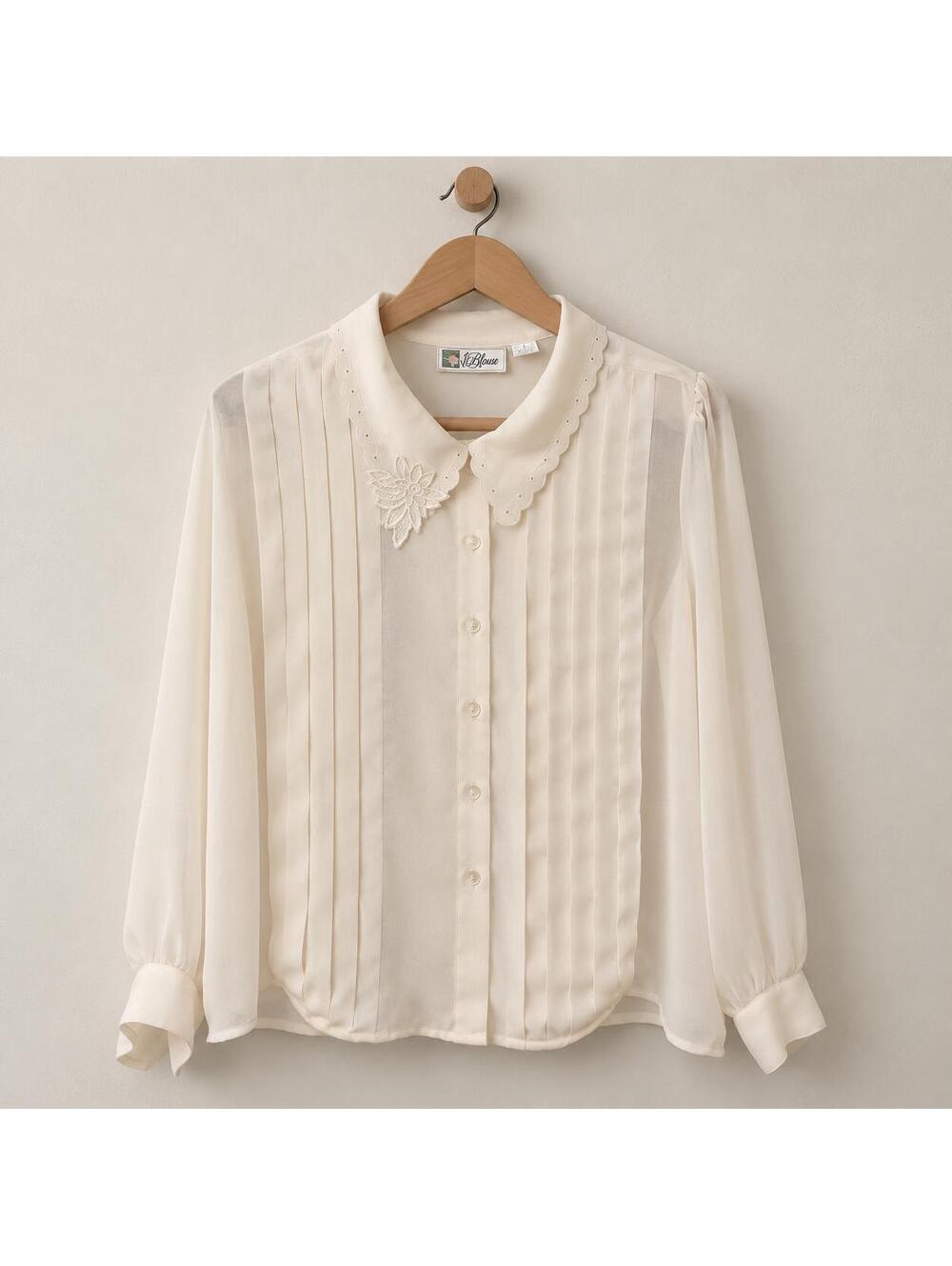 Vintage Ivory Pleated Blouse Size 10 Floral Sheer Sleeve Romantic 80s 90s Top